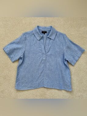 Quince Women’s 100% European Linen Short Sleeve Popover Top French Blue Small S
